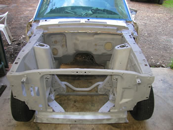 Firewall welded in and front of car after Garnet blasting. (Note sandblasting is now illegal in Victoria.)